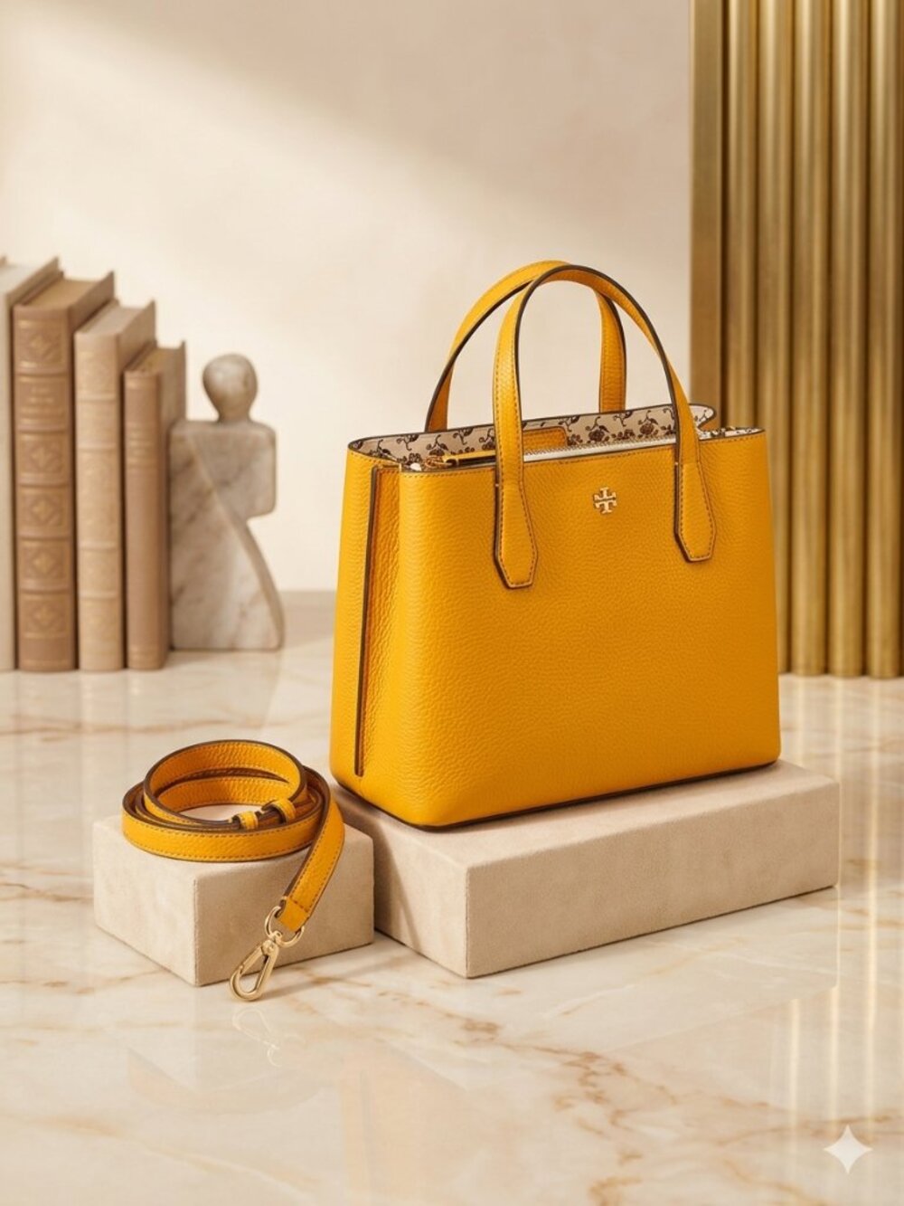Tory Burch Bright Yellow Pebbled Leather Mini Tote with Strap